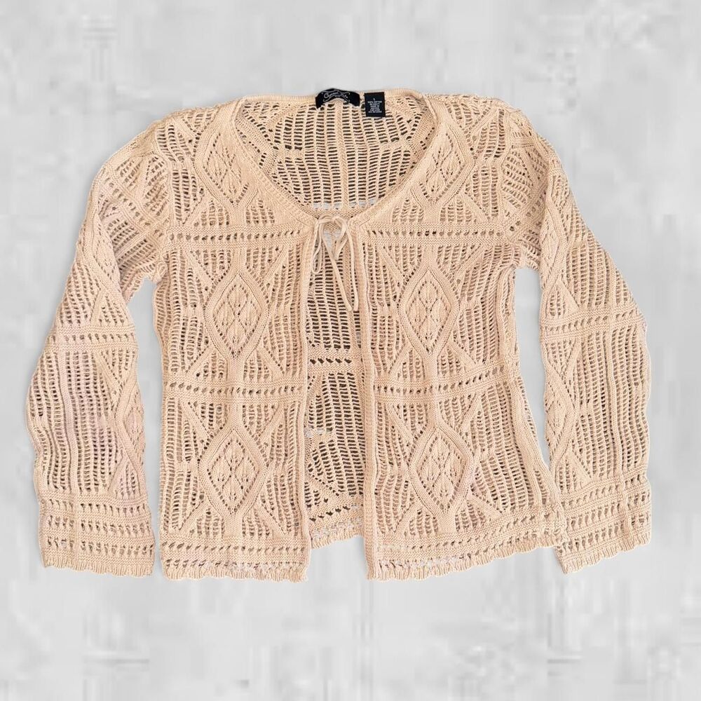 Crystal Kobe Crochet Tie Front Cardigan Cream Tan Boho Knit LG